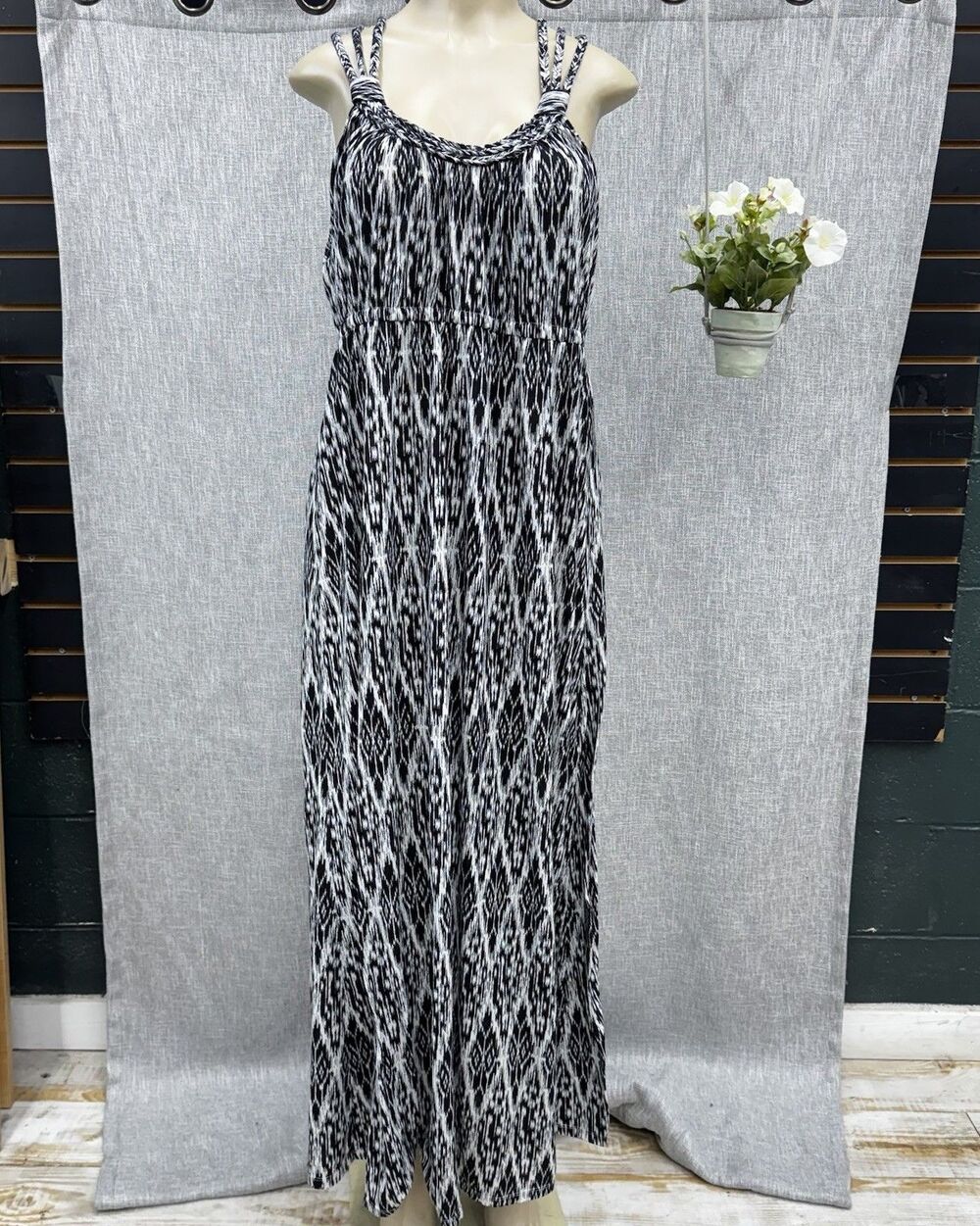 faded Glory Maxi Dress Sleeveless Ikat black white halter neckline cruise sz XXL